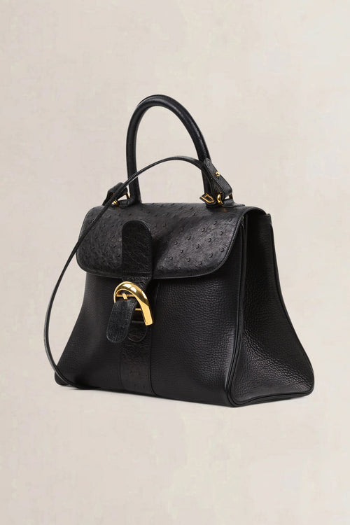 Delvaux Black Ostrich/Leather Delvaux Brillant MM Crossbody Bag