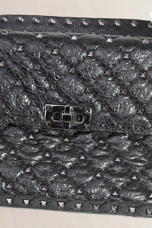 Valentino Garavani Black Rockstud Crinkled Quilted Leather Crossbody Bag