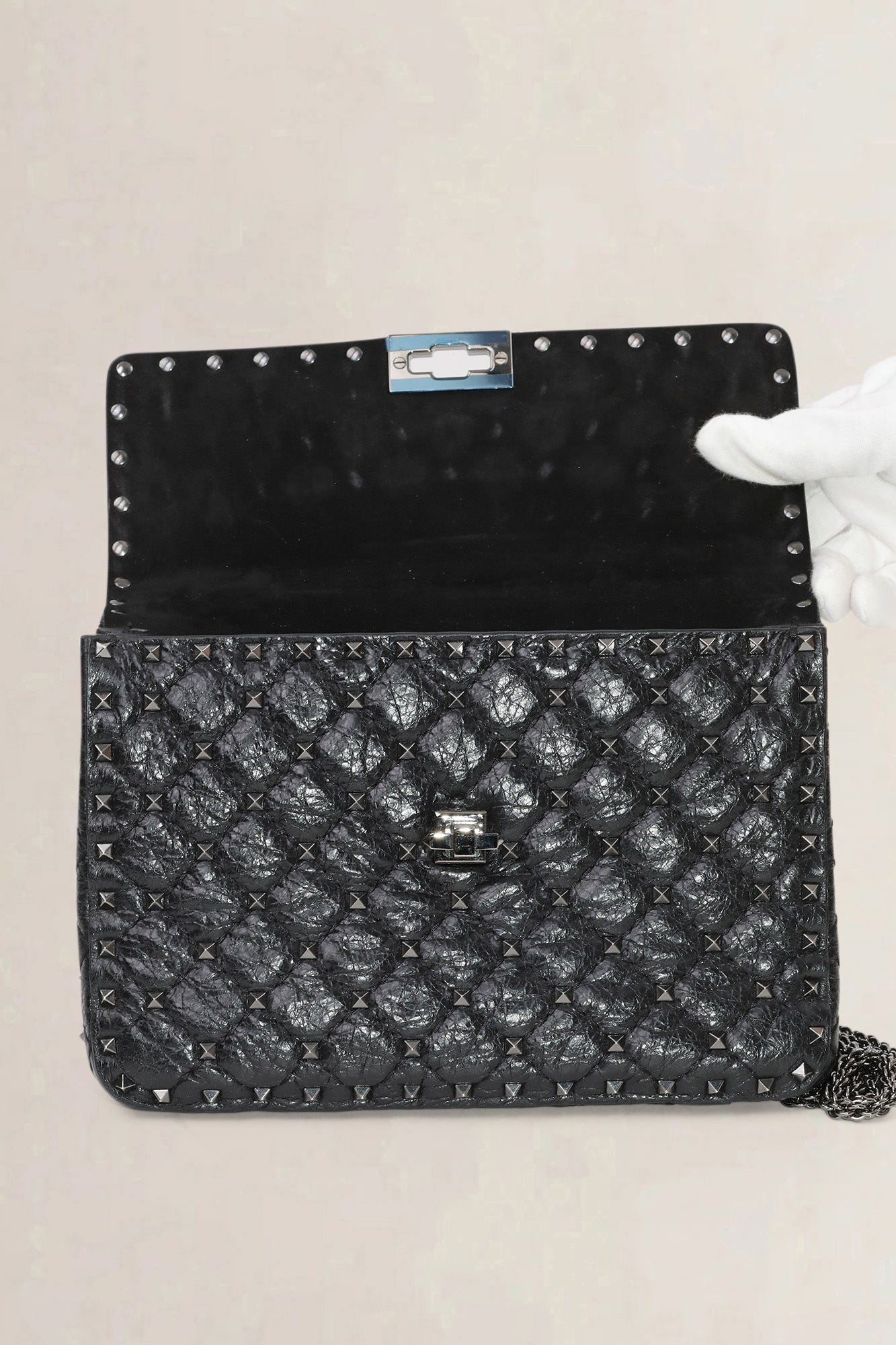 Valentino Garavani Black Rockstud Crinkled Quilted Leather Crossbody Bag