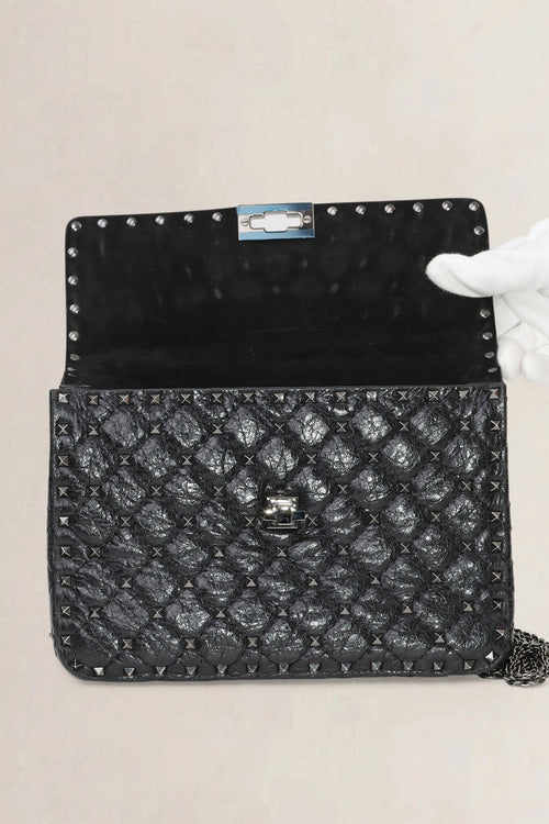 Valentino Garavani Black Rockstud Crinkled Quilted Leather Crossbody Bag