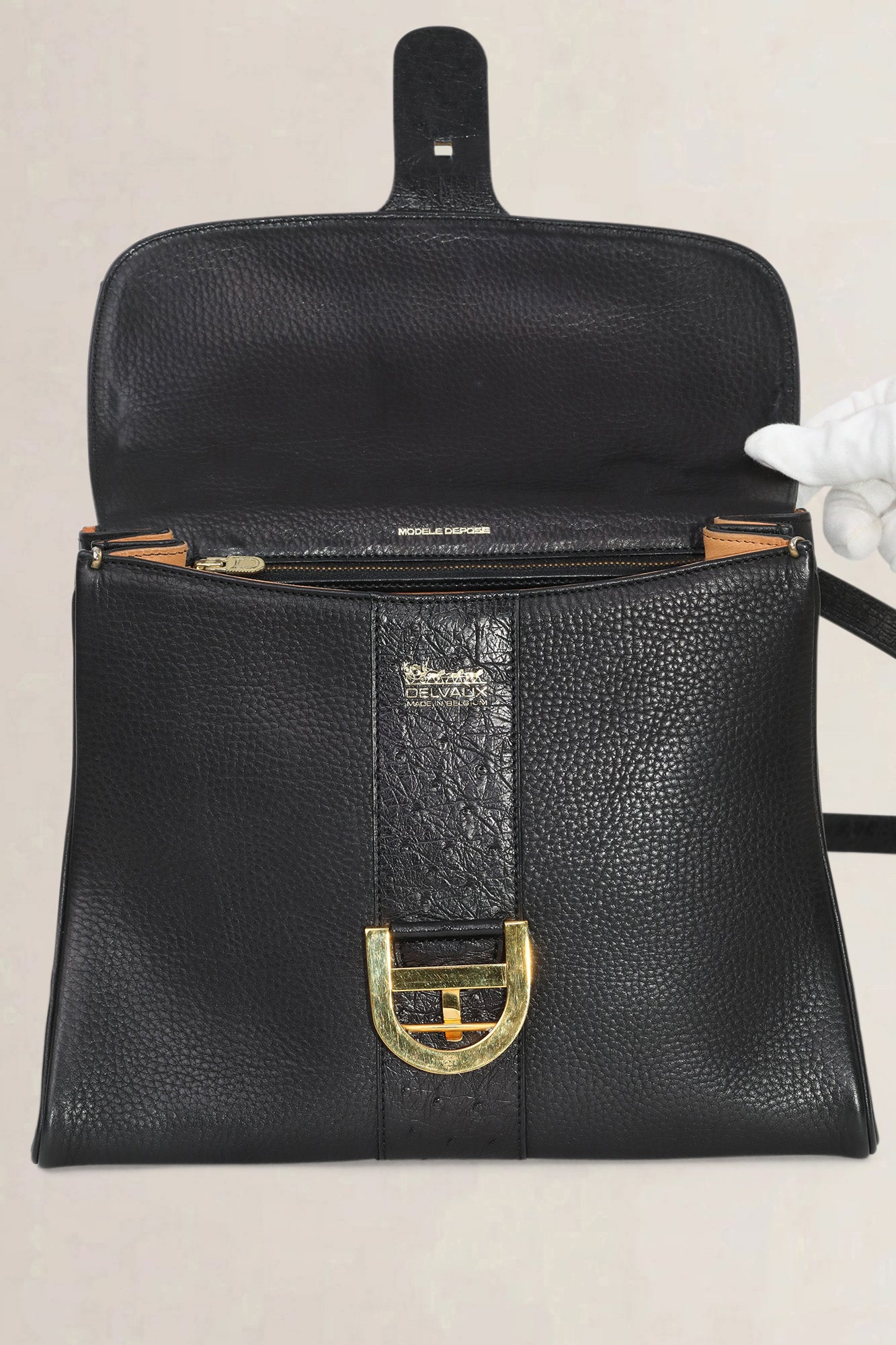 Delvaux Black Ostrich/Leather Delvaux Brillant MM Crossbody Bag