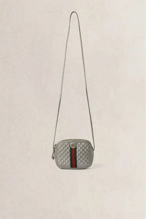 Gucci Silver Laminated Nappa Web Trapuntata Small Crossbody Bag