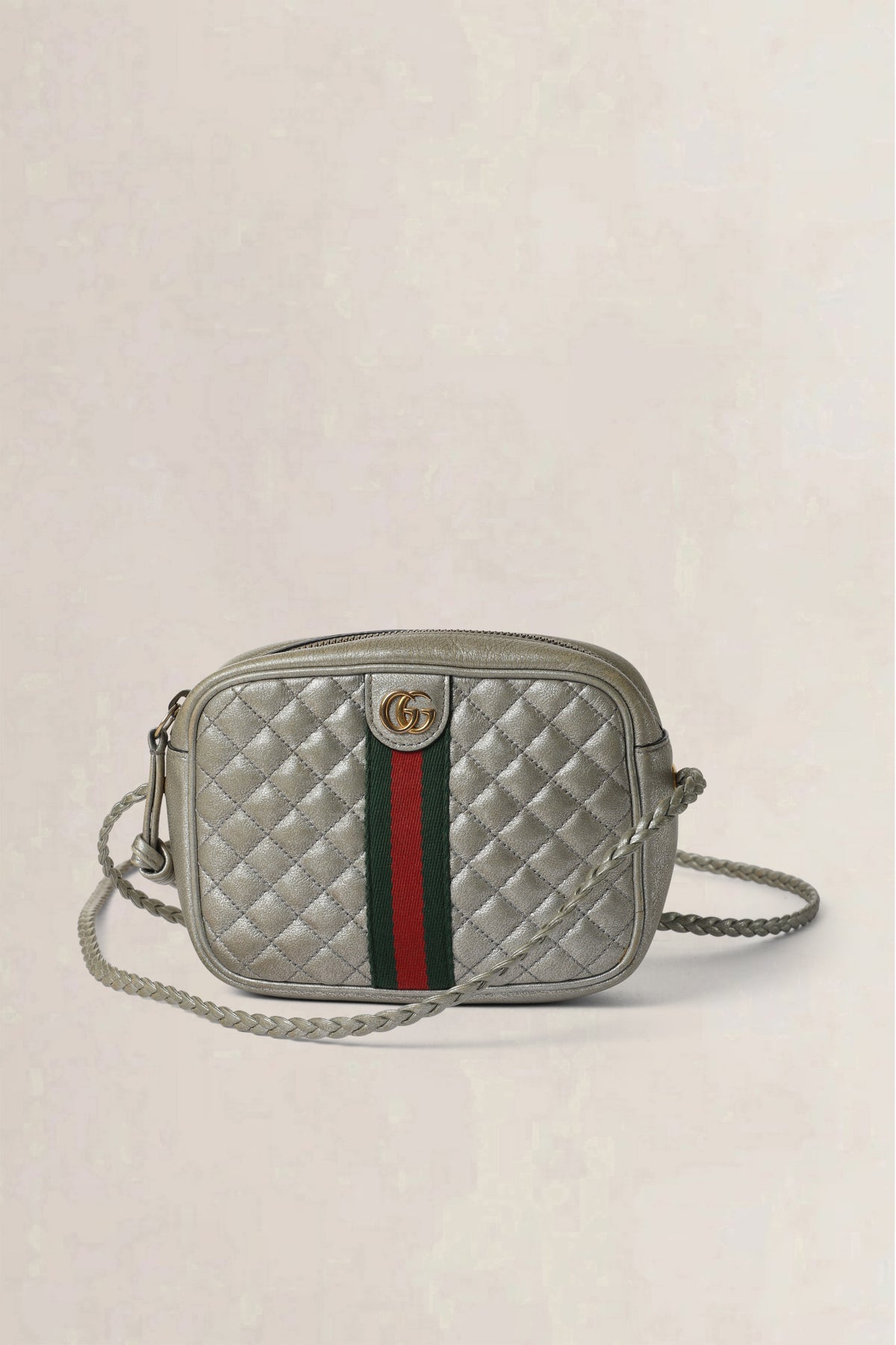 Gucci Silver Laminated Nappa Web Trapuntata Small Crossbody Bag