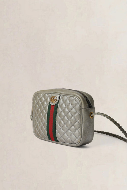 Gucci Silver Laminated Nappa Web Trapuntata Small Crossbody Bag