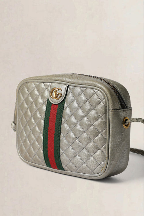 Gucci Silver Laminated Nappa Web Trapuntata Small Crossbody Bag