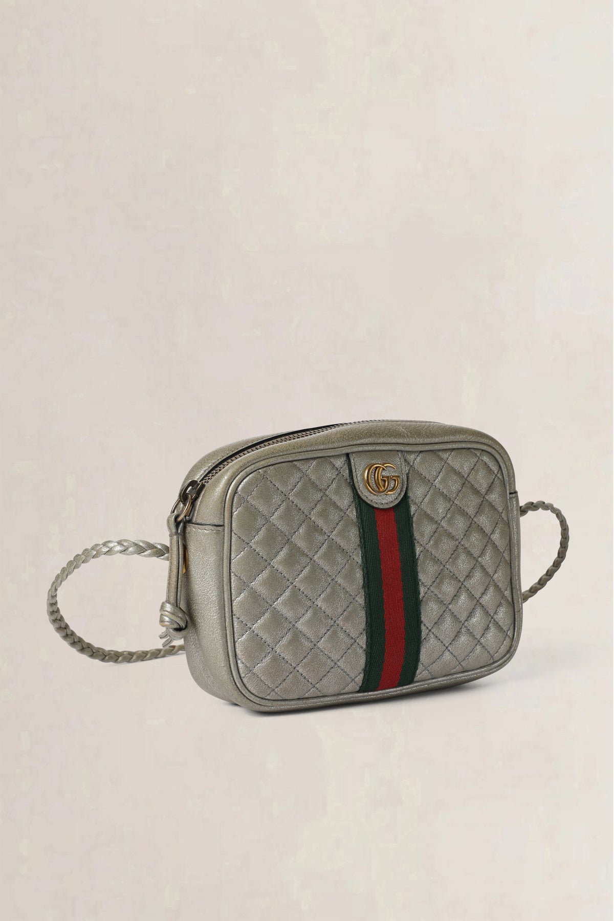 Gucci Silver Laminated Nappa Web Trapuntata Small Crossbody Bag