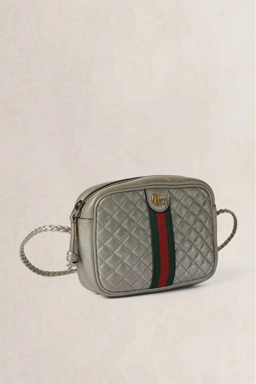 Gucci Silver Laminated Nappa Web Trapuntata Small Crossbody Bag