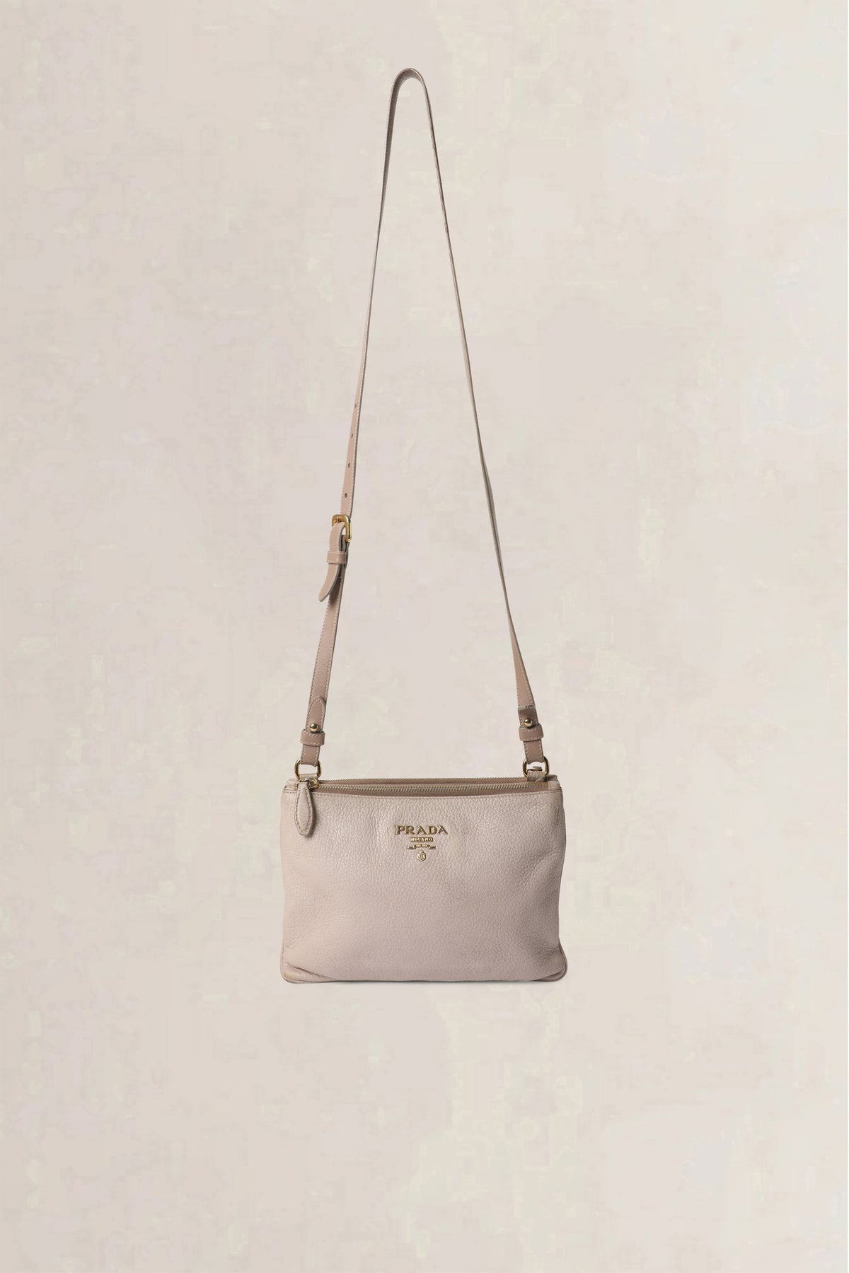 Prada Nude Grey Vitello Daino Double Zip Crossbody Bag