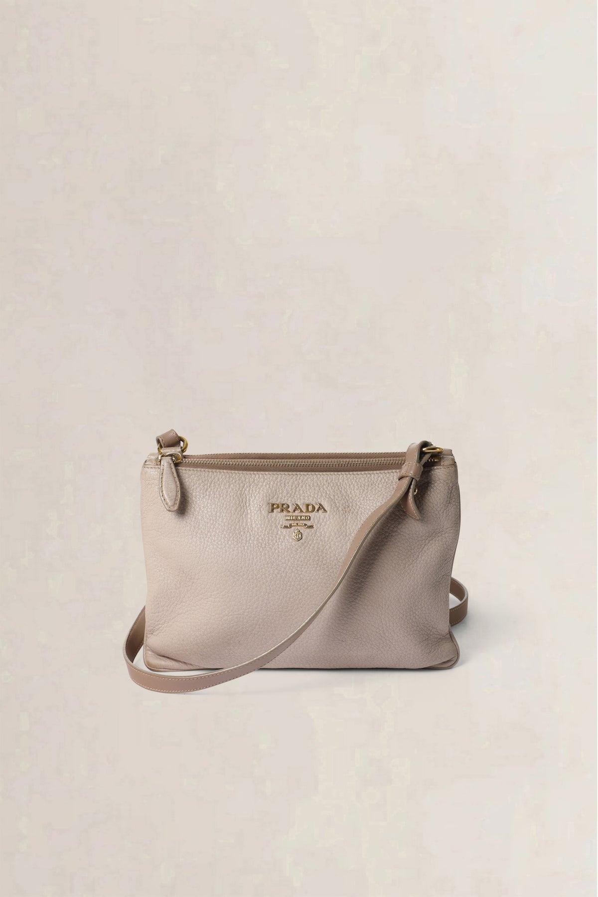 Prada Nude Grey Vitello Daino Double Zip Crossbody Bag