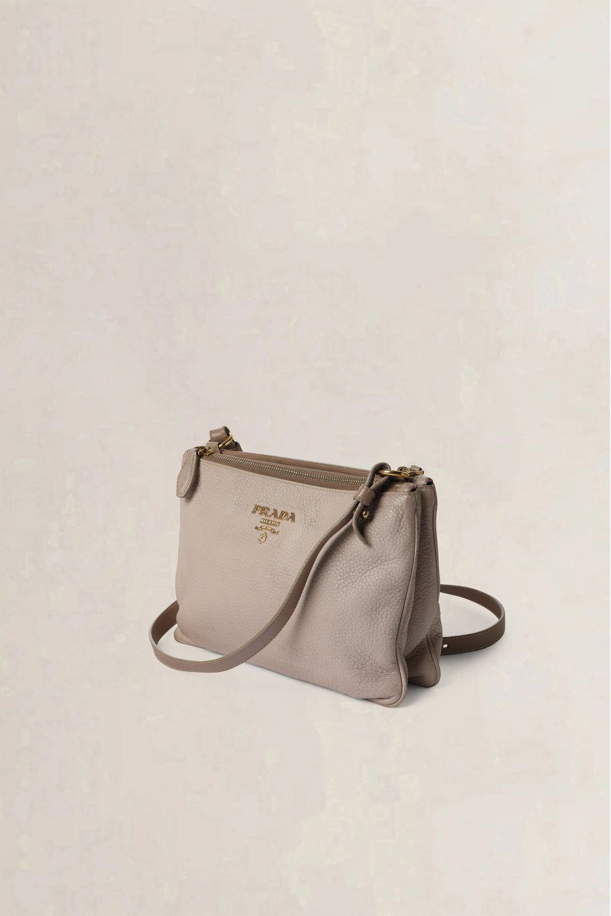 Prada Nude Grey Vitello Daino Double Zip Crossbody Bag
