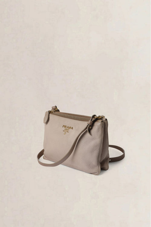 Prada Nude Grey Vitello Daino Double Zip Crossbody Bag