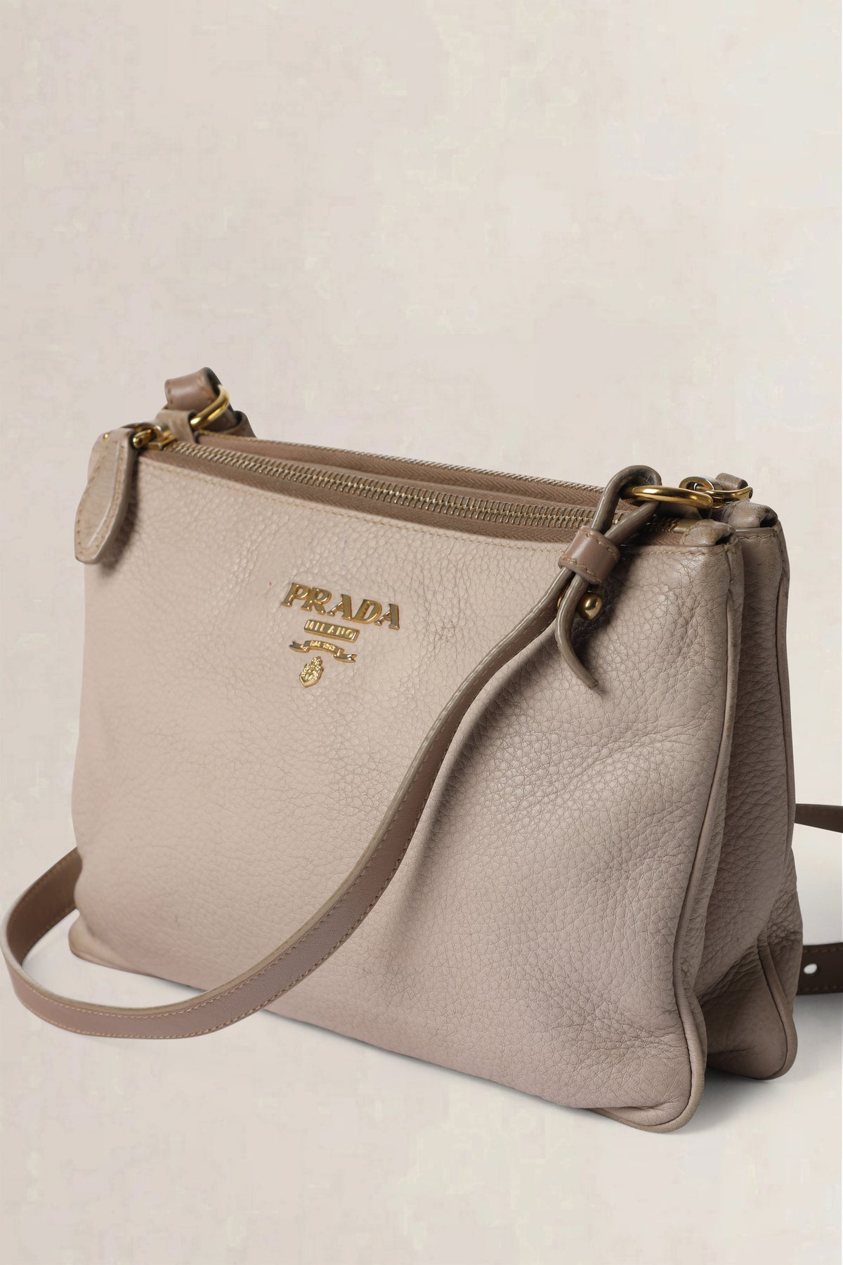 Prada Nude Grey Vitello Daino Double Zip Crossbody Bag