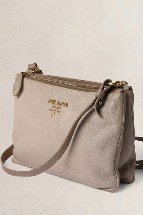 Prada Nude Grey Vitello Daino Double Zip Crossbody Bag