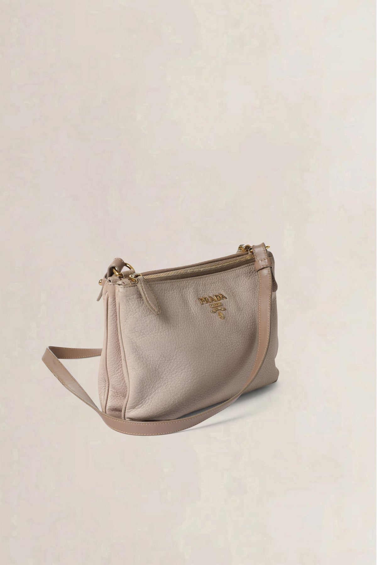 Prada Nude Grey Vitello Daino Double Zip Crossbody Bag