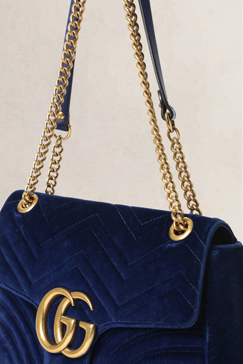Gucci Blue GG Marmont Velvet Large Shoulder Ba