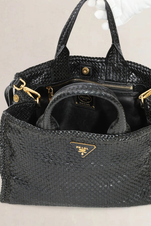 Prada Black Woven Madras Shoulder Bag