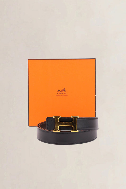 Hermès Brown & Black Reversible Belt with Quizz H & Gold Buckle