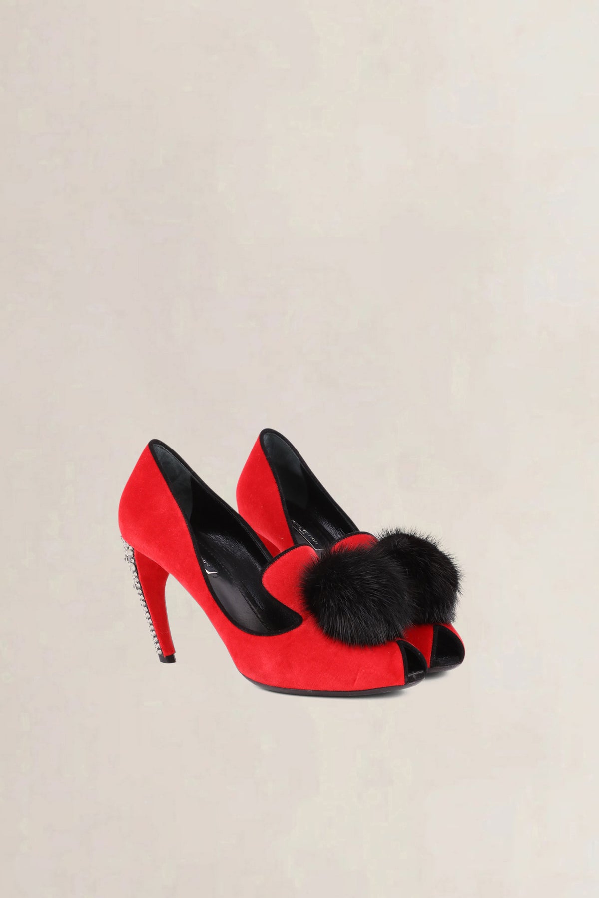 Louis Vuitton Red Velvet Pompom Peep Toe Pumps