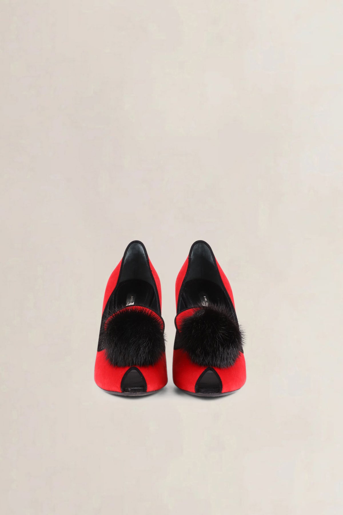 Louis Vuitton Red Velvet Pompom Peep Toe Pumps