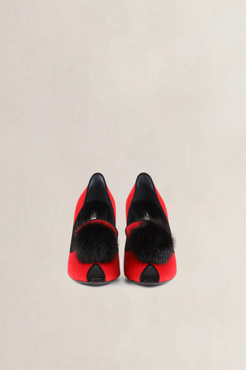 Louis Vuitton Red Velvet Pompom Peep Toe Pumps