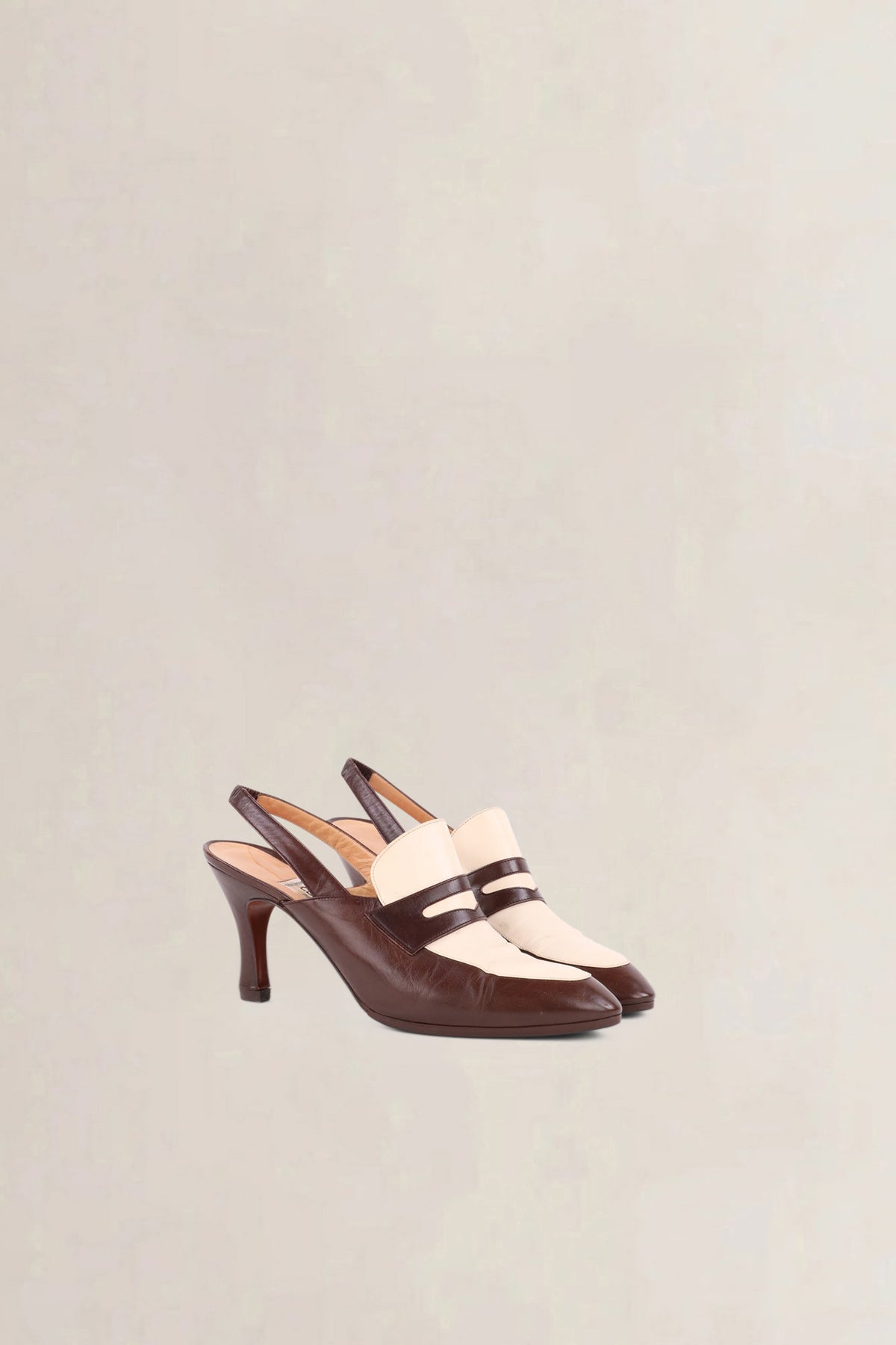 Céline Vintage White & Brown Slingback Loafer Pumps