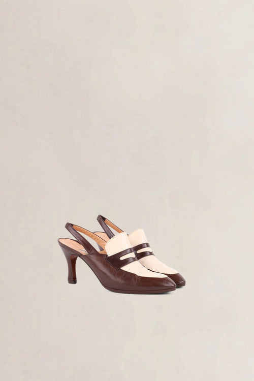 Céline Vintage White & Brown Slingback Loafer Pumps