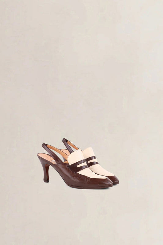 Céline Vintage White & Brown Slingback Loafer Pumps