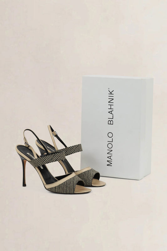 Manolo Blahnik Black/Beige Striped Slingback Heels