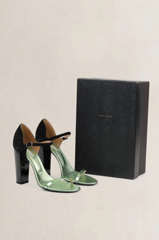 Dries Van Noten Black/Green Metallic Block Heel Sandals