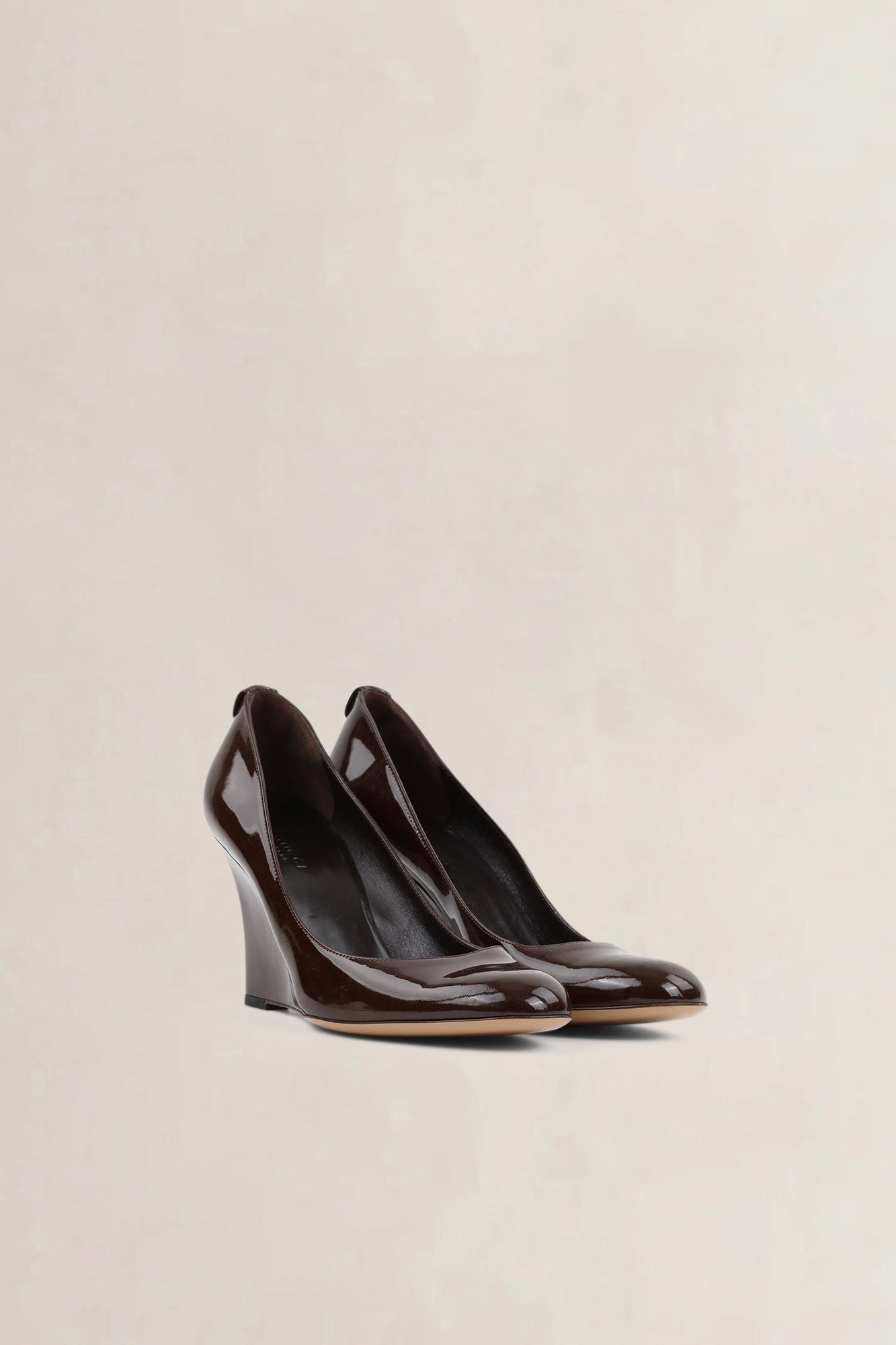 Gucci Brown Patent Leather Wedge Pumps