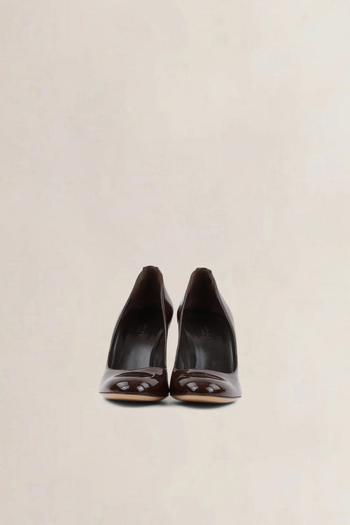 Gucci Brown Patent Leather Wedge Pumps