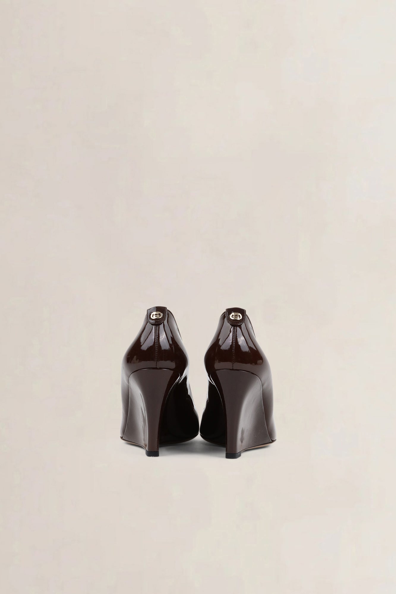 Gucci Brown Patent Leather Wedge Pumps