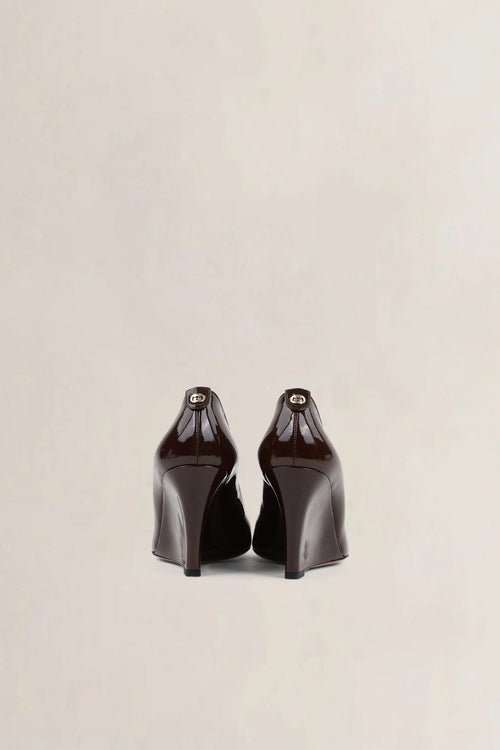 Gucci Brown Patent Leather Wedge Pumps