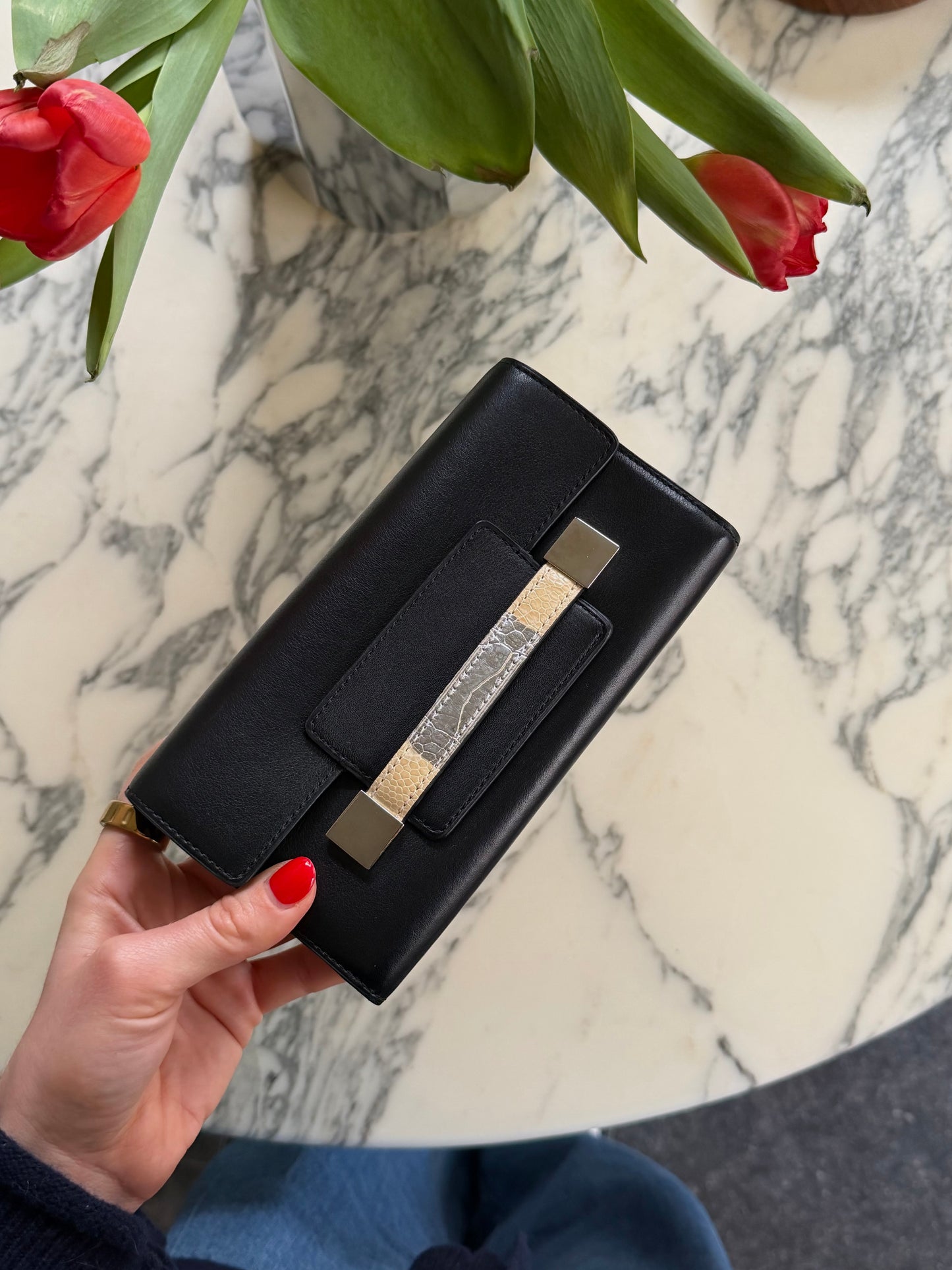 Delvaux Black Ostrich/Polo Madame Long Wallet