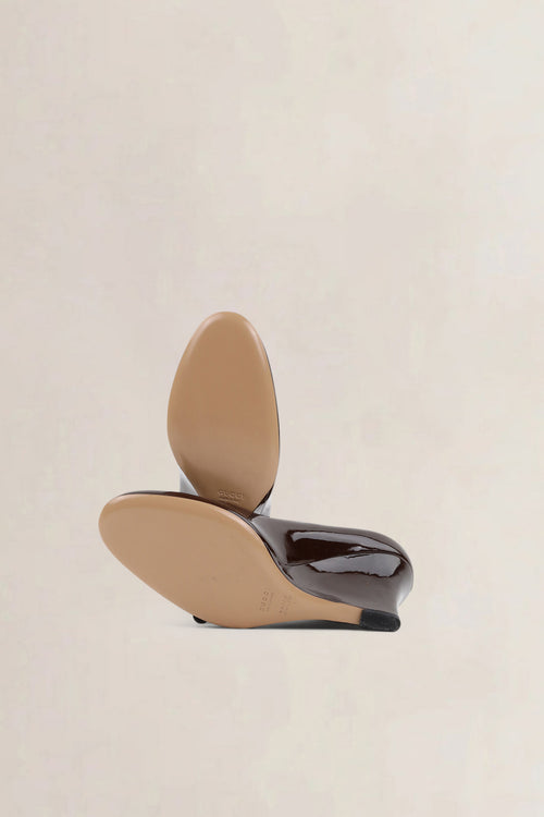 Gucci Brown Patent Leather Wedge Pumps