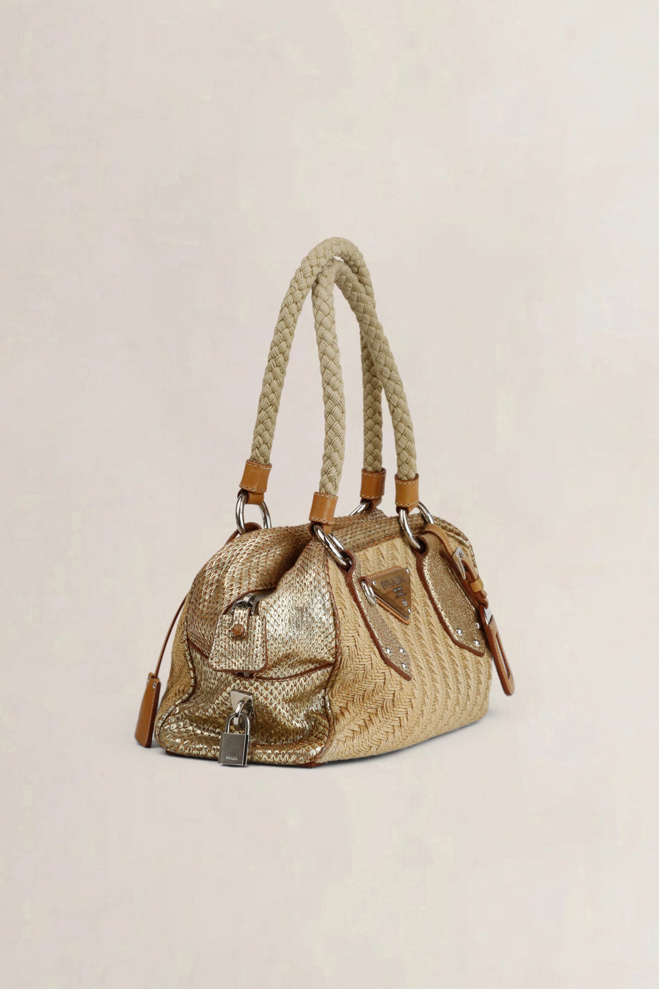 Prada Beige Raffia Pitone-Trim Shoulder Bag