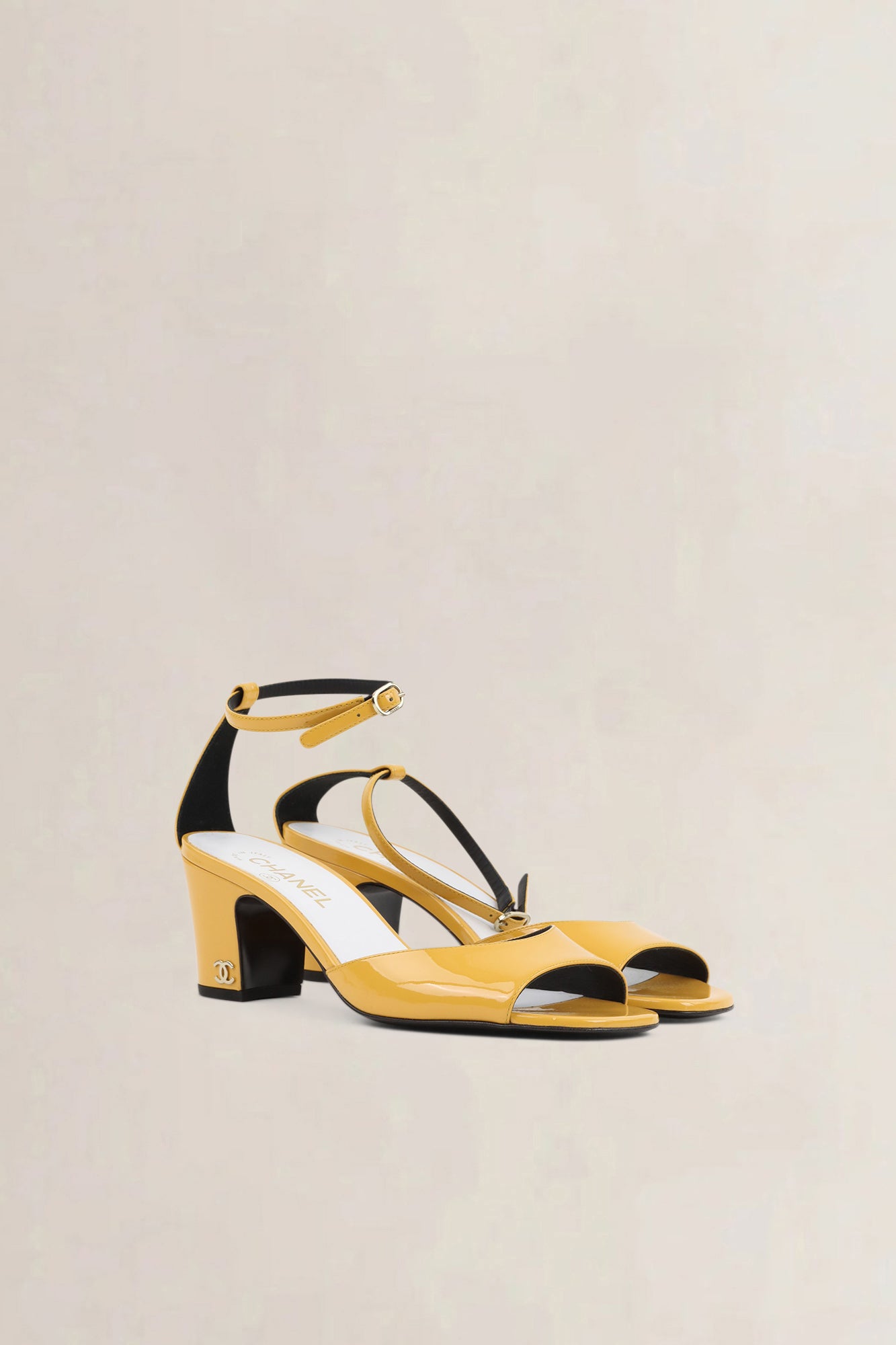 Chanel Yellow Patent Leather CC Ankle Strap Sandals
