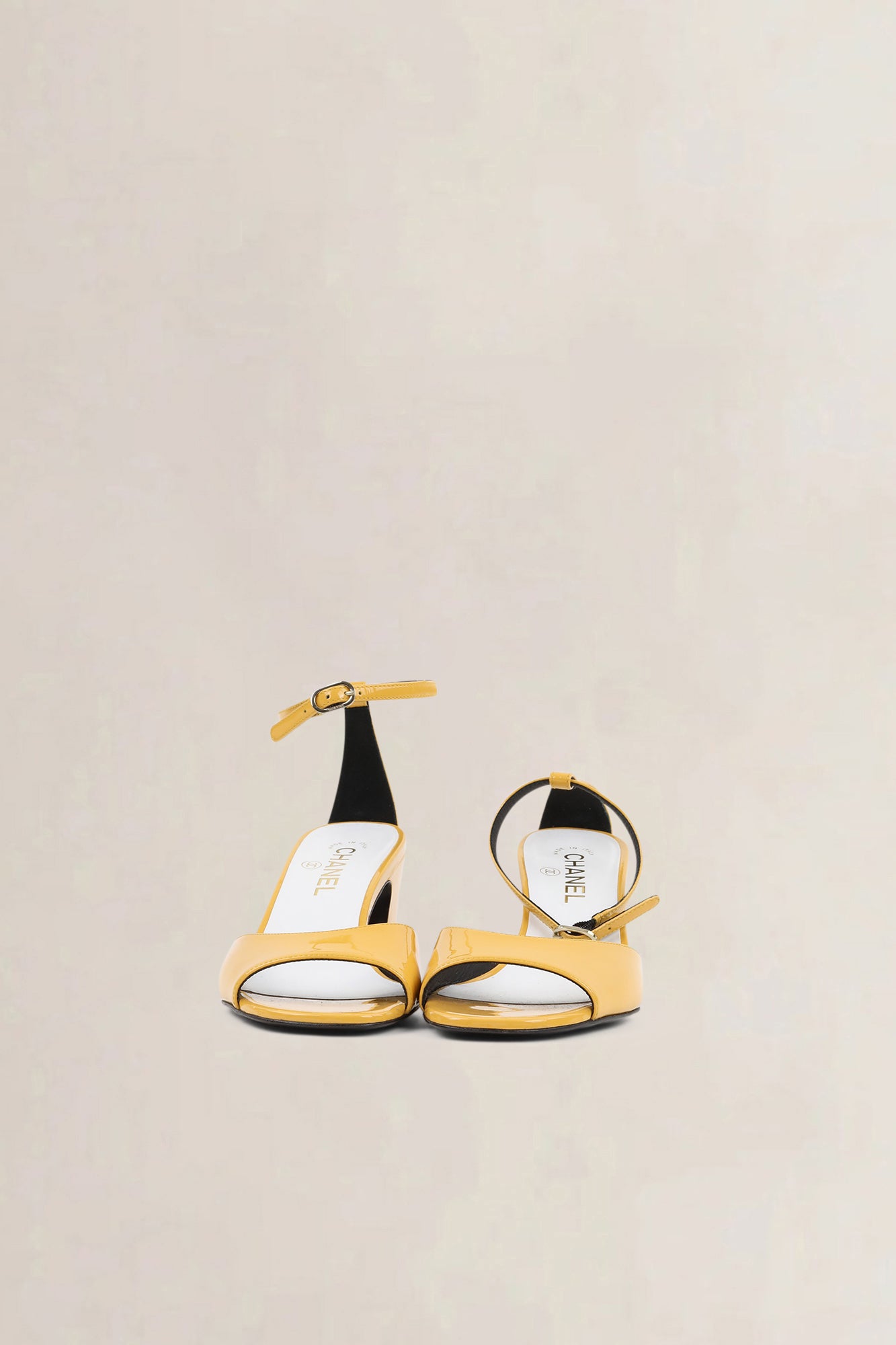 Chanel Yellow Patent Leather CC Ankle Strap Sandals
