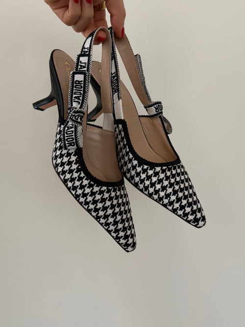 Christian Dior Black/White Micro Houndstooth J'Adior Slingback Pumps