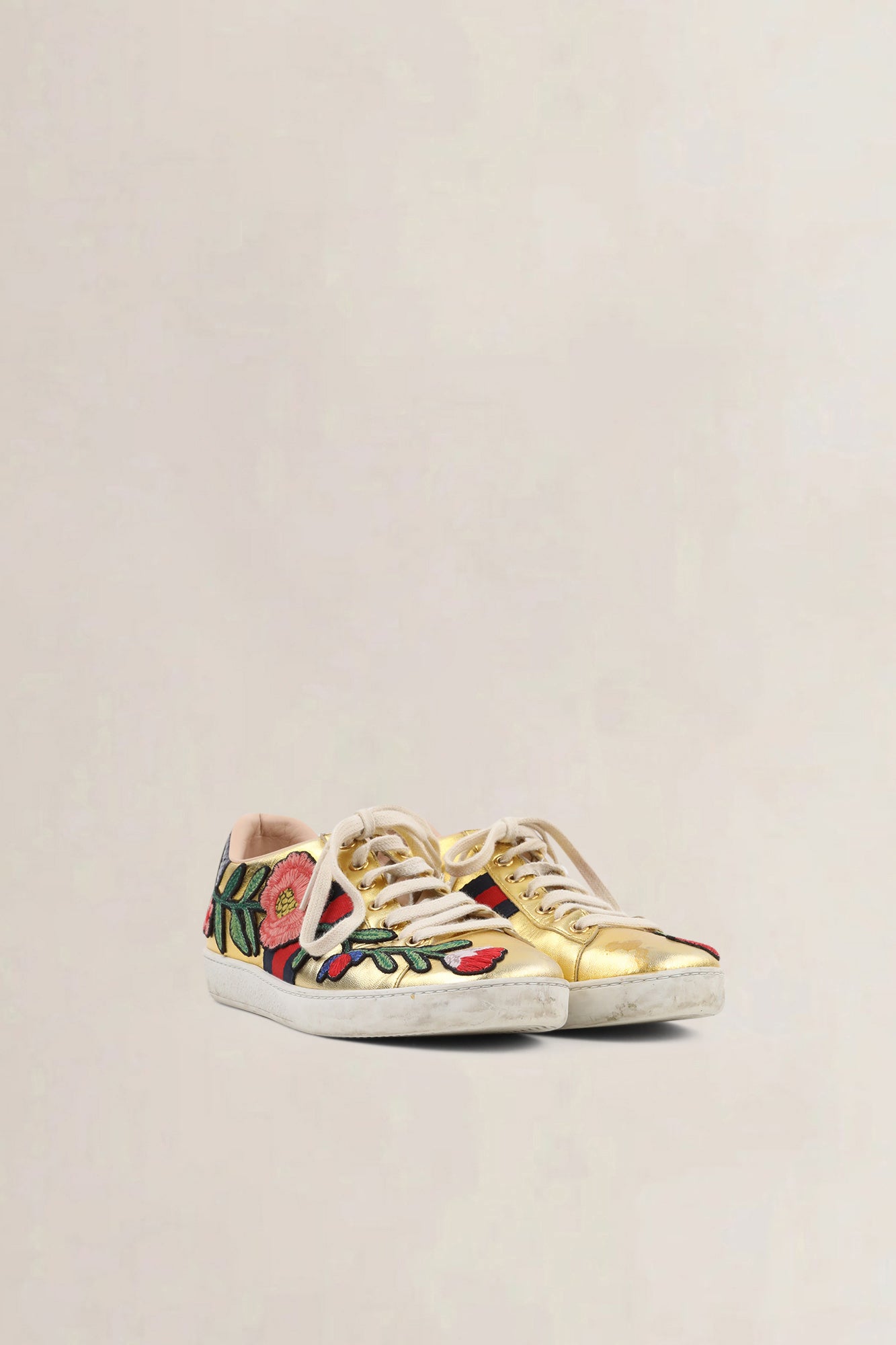 Gucci Ace Floral Embroidered Metallic Gold Sneakers