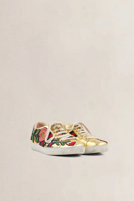Gucci Ace Floral Embroidered Metallic Gold Sneakers