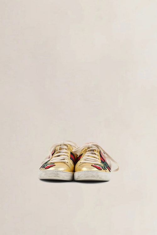 Gucci Ace Floral Embroidered Metallic Gold Sneakers