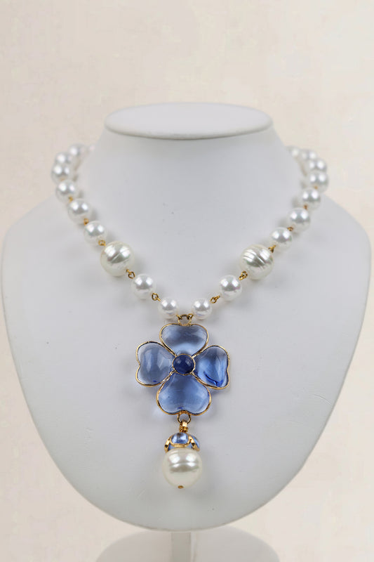Blue Poured Glass Clover Pearl Necklace