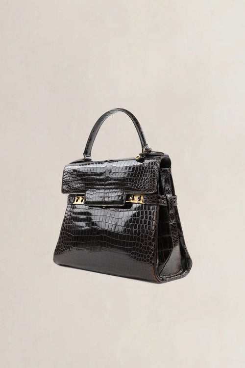 Sac top handle Delvaux Tempête PM en cuir de crocodile brun