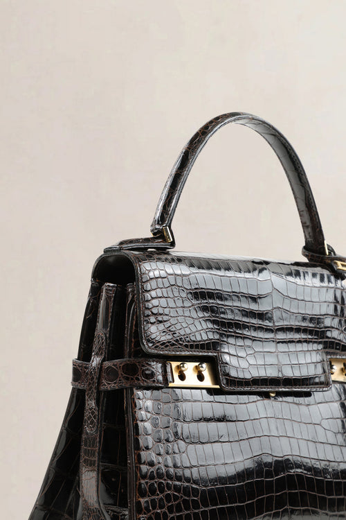 Sac top handle Delvaux Tempête PM en cuir de crocodile brun