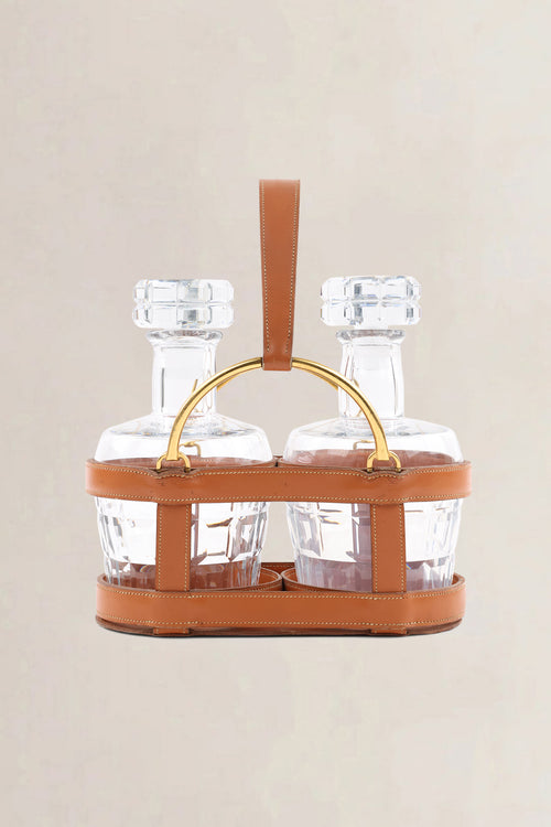 Hermès Cognac Leather Bottle Holder With Two Crystal Baccarat Bottles