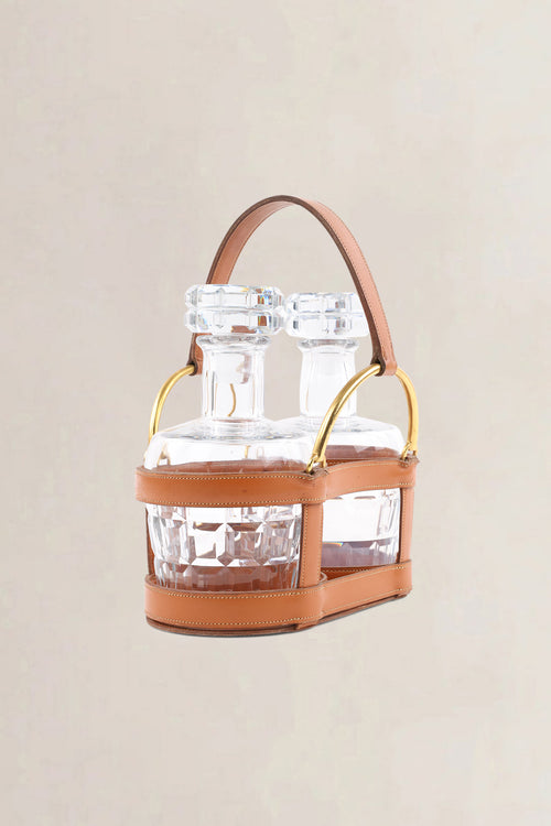 Hermès Cognac Leather Bottle Holder With Two Crystal Baccarat Bottles