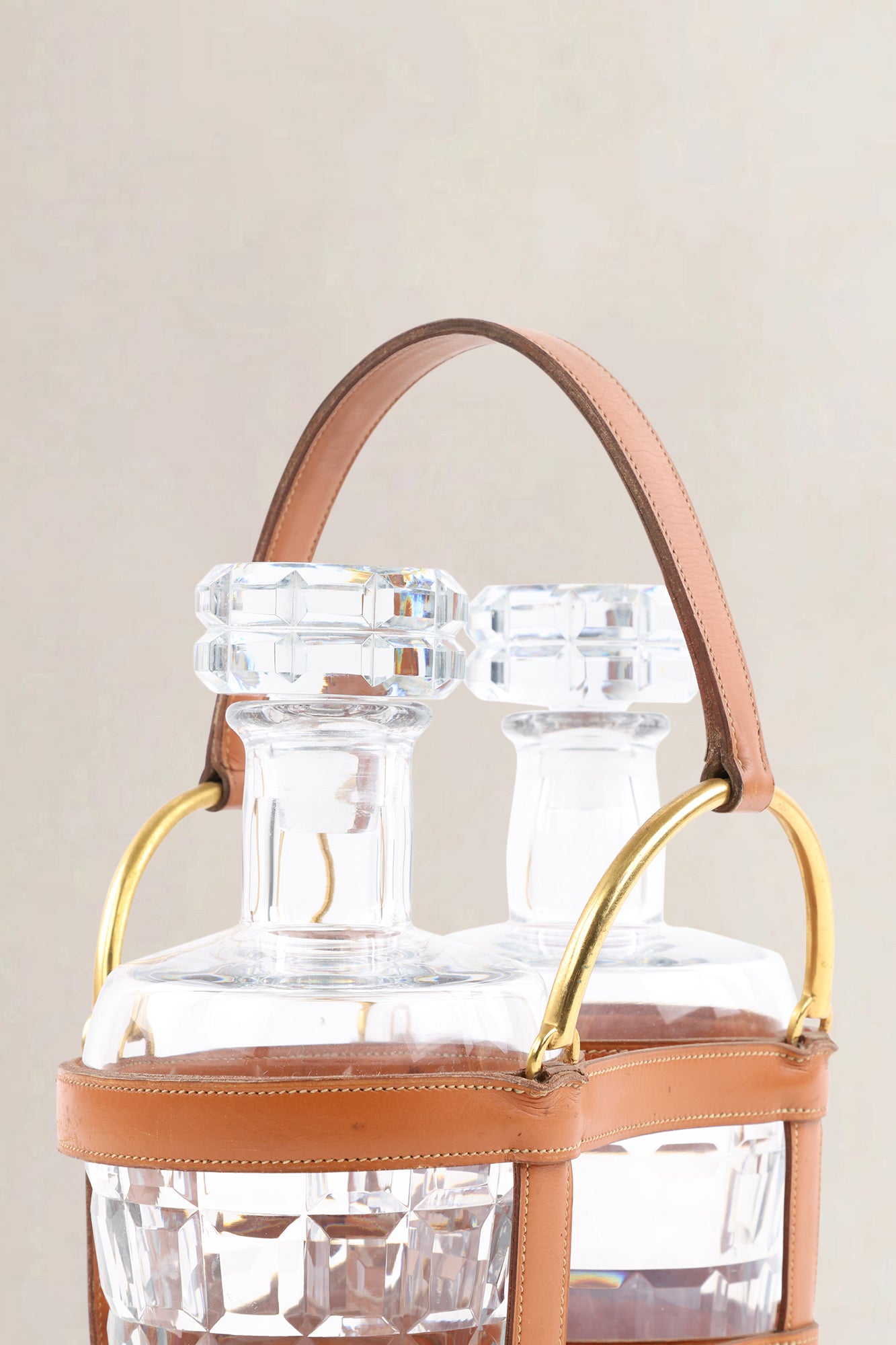 Hermès Cognac Leather Bottle Holder With Two Crystal Baccarat Bottles