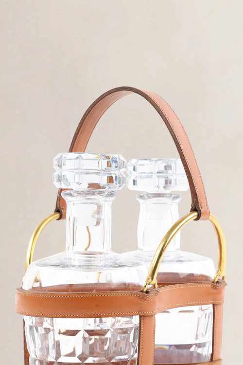 Hermès Cognac Leather Bottle Holder With Two Crystal Baccarat Bottles