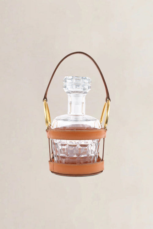 Hermès Cognac Leather Bottle Holder With Two Crystal Baccarat Bottles